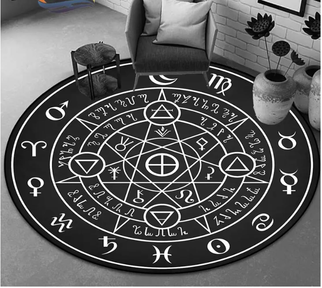 Pentakel Symbol Blackrug, Sonne Mond Runder Teppich, Ziege Kopf Satan Teppichhände Okkultismus Teppich Hexerei Goth Teppich 100Cm