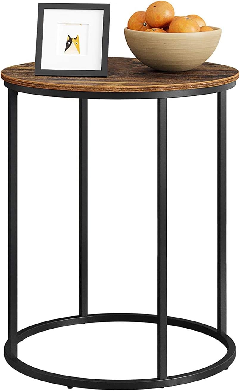 HOME BI End Table, Round Sofa Side Table, Coffee Table,20 Inch Beside Table, Wood Tabletop with Sturdy Metal Frame (Rustic Brown)