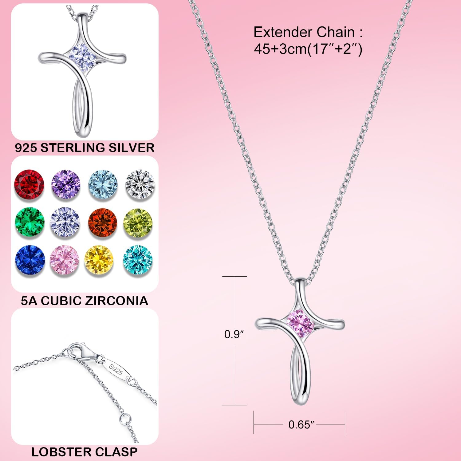 Cross Necklace for Women, 925 Sterling Silver Birthstone Necklace for Women with Diamond Sideways Cross Necklaces Birthstone Jewelry Birthday Gifts for Womens - Image 4