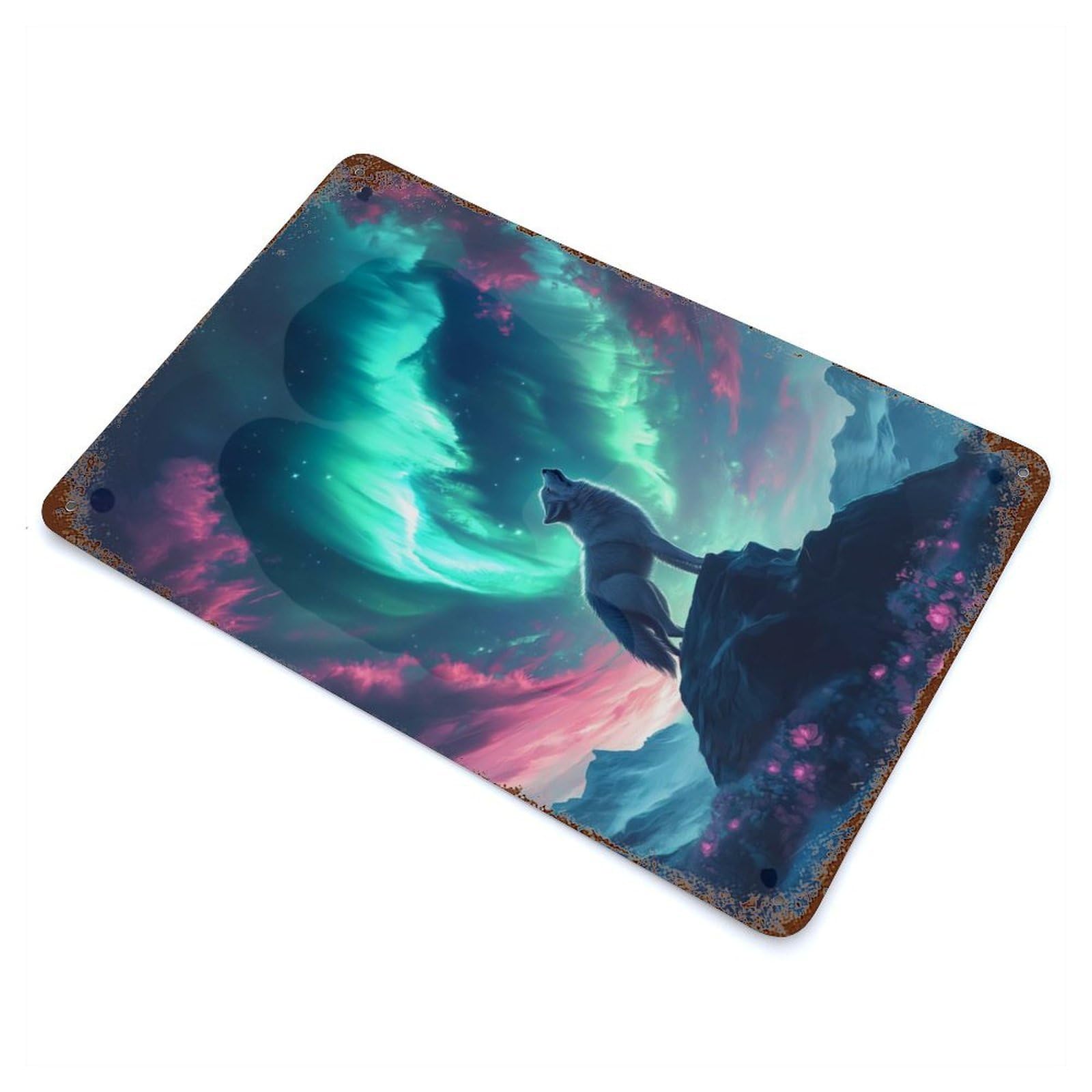 Rust Effect Wolf Howling Under Aurora Borealis Decorative Tin Sign 11.8"x7.9", Rustic Home Decor for Cafe, Home Bar And Lounge Decor