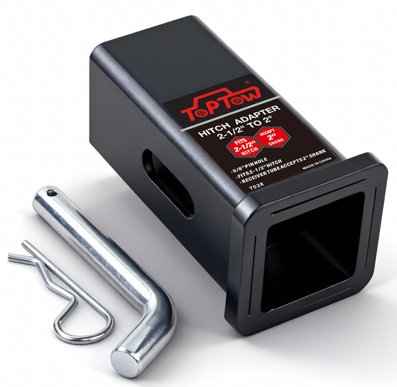 toptow 64028s trailer hitch adapter 2-1/2" to 2" hitch reducer sleeve carbon steel, upgraded, 5/8 inch pin & clip included