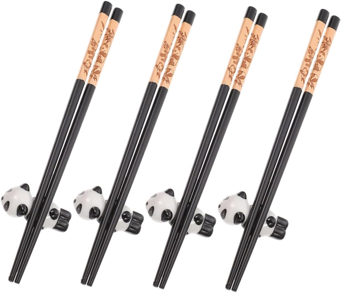 Wakauto Panda Ceramic Chopstick Holders with Reusable Wooden Chopsticks Set 12pcs + 4 Ceramic Rests for Household Dining and Home Tableware