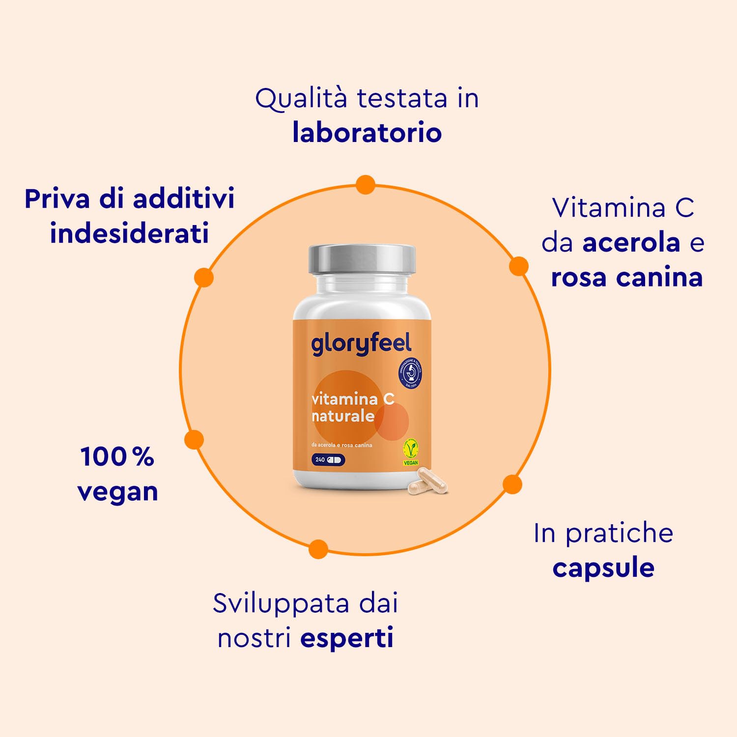 Vitamina C Naturale 240 Capsule, Vitamina C Acerola e Rosa Canina, 400 mg Vitamina C Pura per Dose Giornaliera, Vitamina C Capsule, Integratore Difese Immunitarie, 100% Vegan e Naturale