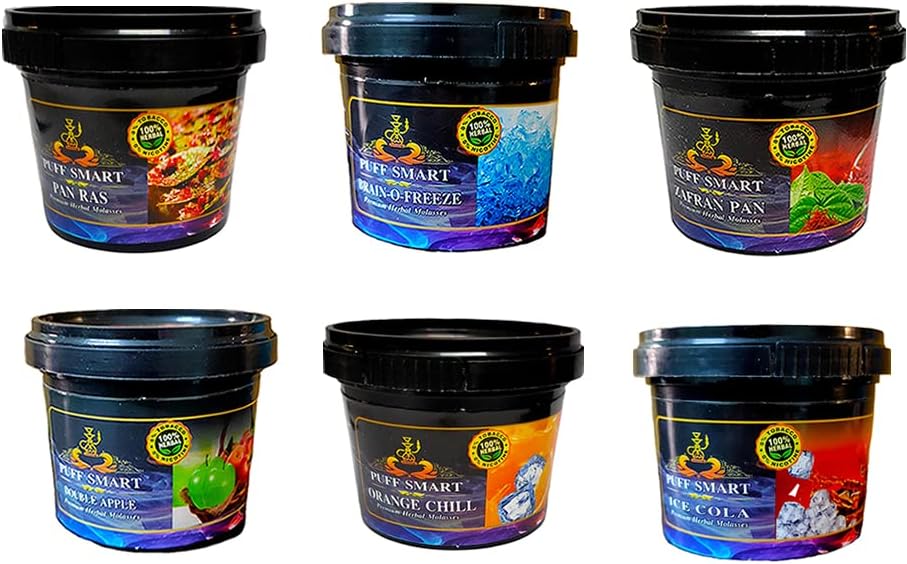 PUFF SMART Premium Herbal Flavor Pan Ras, Brain-O-Freeze, Double Apple, Orange Chill, Zafran Pan, Ice Cola 100G In Each Pack (Set of 6) (100% Nicotine and Tobacco Free)