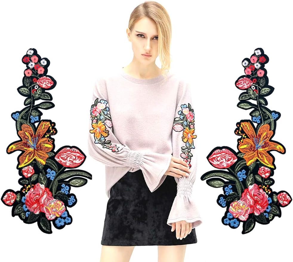 Flower Floral Iron on Patches Large Applique Embroidered Sew on Patches for Clothes Jackets Clothing T-Shirt (1 Pairs)