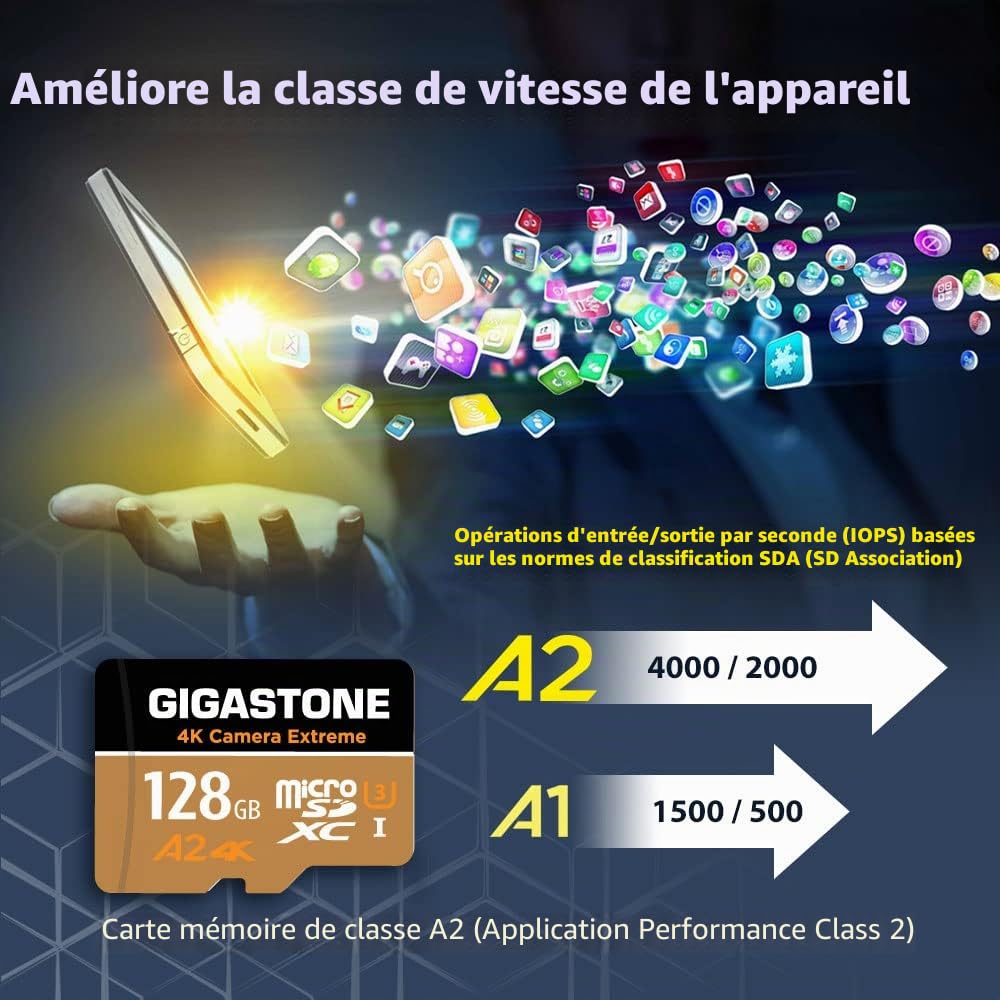 GIGASTONE Carte Micro SD 128 Go 4K Camera Extreme, Carte mémoire microSDXC pour Switch, GoPro, Action Camera, DJI, R/W jusqu'à 100/50 Mo/s, UHS-I U3 A2 V30 C10, avec Adaptateur