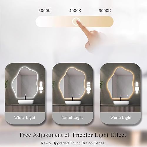 Miniatura 3 de HM&DX Espejo de baño LED en forma de nube con luces LED, espejo con luz antiniebla regulable tricolor, espejo de tocador con botón táctil