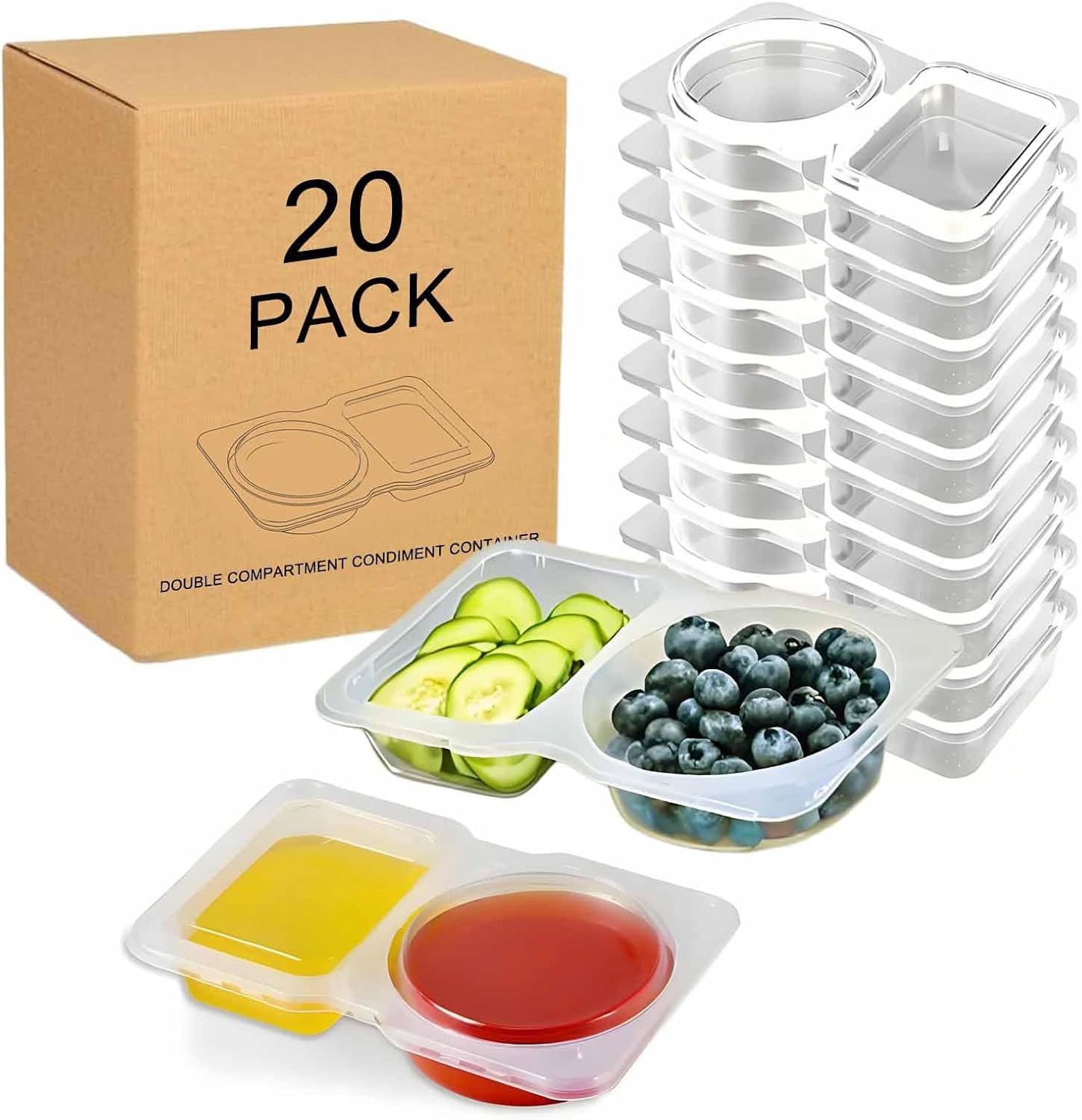 Snack Containers Vacuum-Sealed 20 Pack Dual-Compartment Lunchable BPA-Free Box with Lids Condiment Cups for Dipping Sauce Fruit Salad Dressing Office School Picnic Lunch for On the Go Take Out Foods 20 Plastic