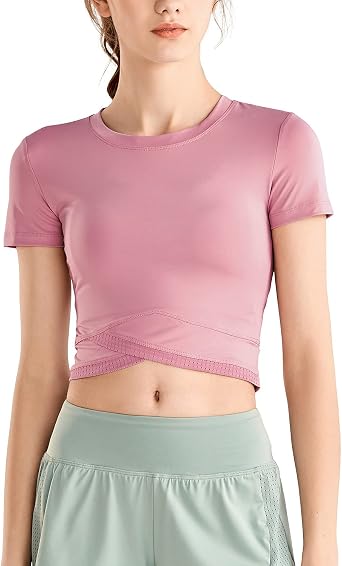 DREAM SLIM Women Crop Tops Short Sleeve Cross Wrap Yoga Gym Shirts Slim Fit Basic Workout Tank Tops