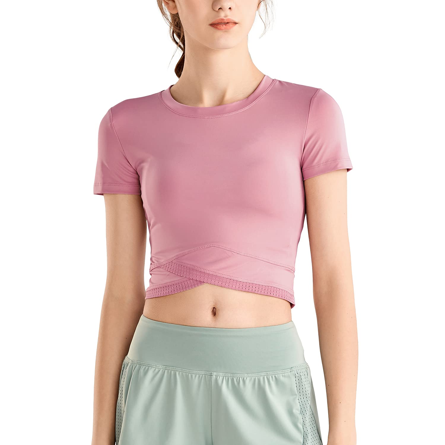 DREAM SLIM Women Short Sleeve Crop Tops Open Back Cross Yoga Athletic Shirts Gym Workout Basic Crop Tank Tops(Pink Short, S)