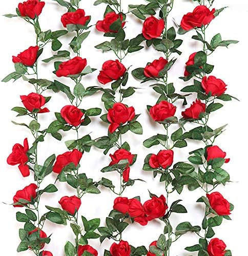 Y wang 3Pack (23.5 Feet) Artificial Flowers Vines Fake Rose Garland for Home Hotel Wedding Party Garden Craft Art Decor Red
