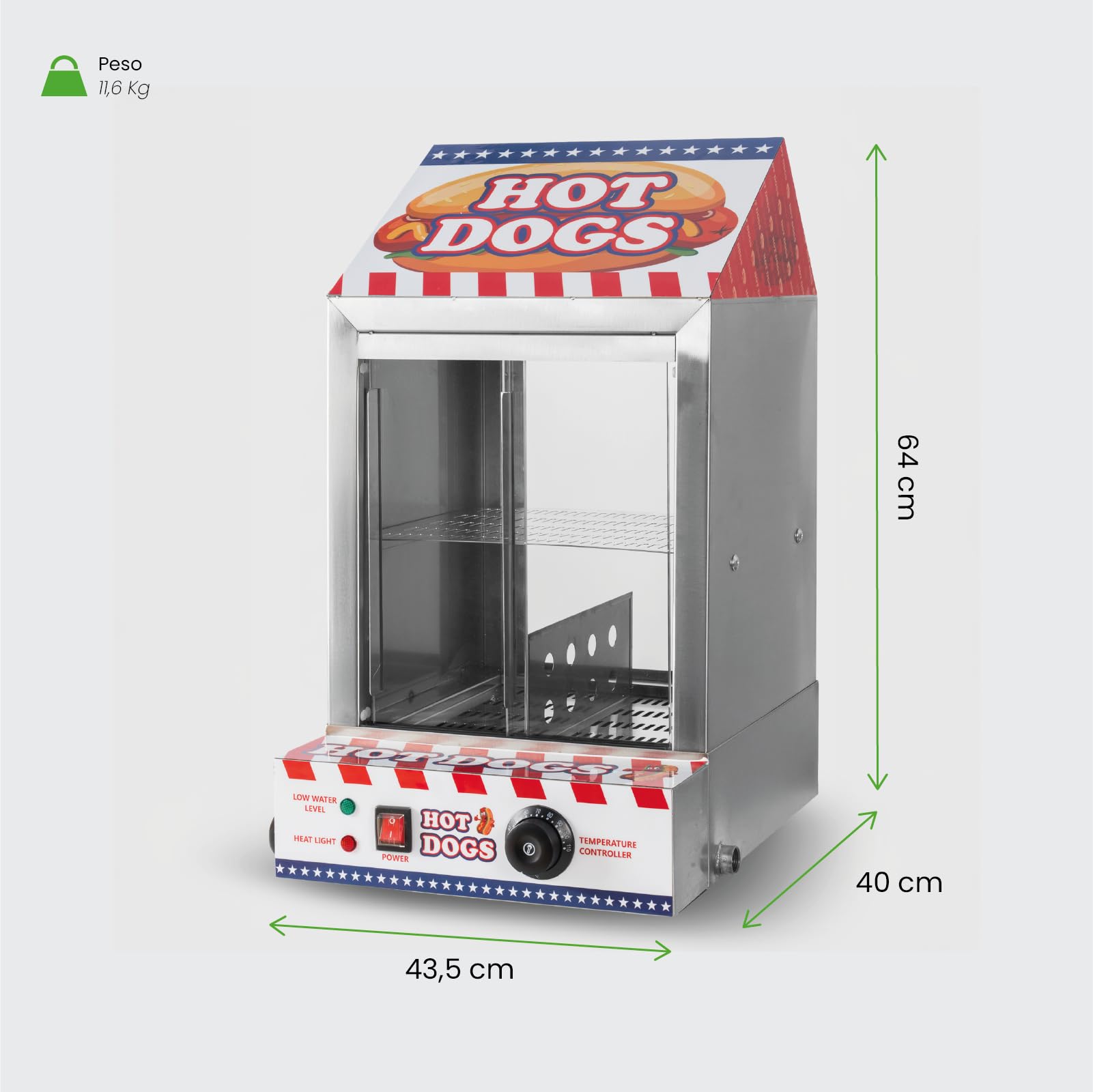 Máquina de Hot Dogs Acero Inoxidable 200 Salchichas 50 Panecillos Bandejas Extraíbles Válvula Drenaje