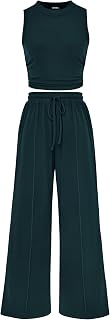 BTFBM Women Summer 2 Piece Outfits 2025 Beach Crew Neck Sleeveless Cropped Top Elastic Waist Wide Leg Pants Lounge Set