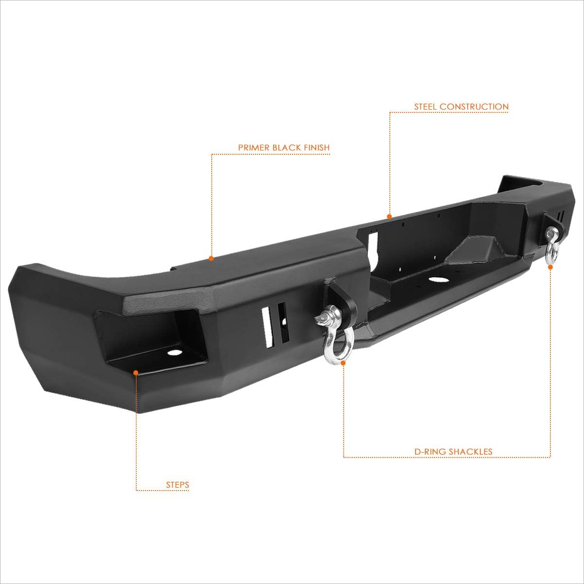 Black Rear Step Bumper w/D-Rings Shackles Compatible with 09-18 Dodge Ram Truck