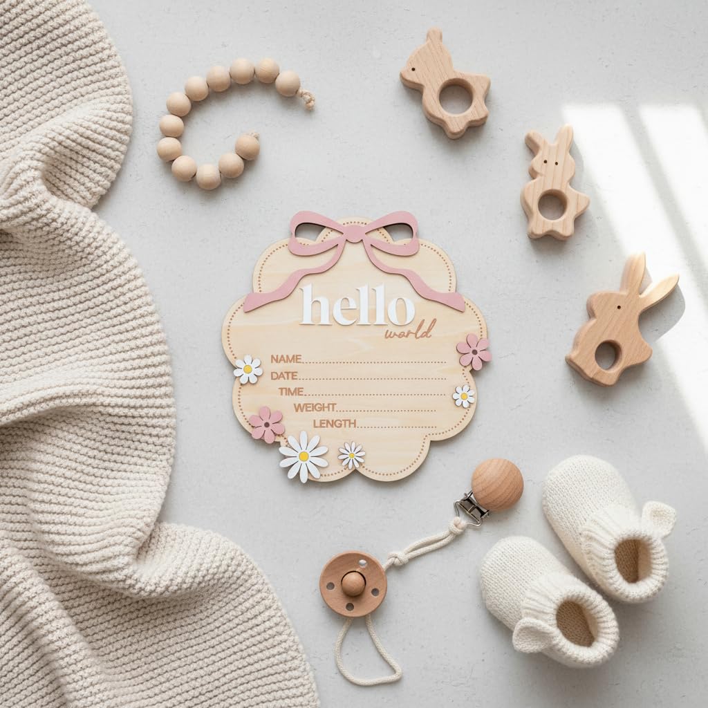 TTMerriwood Hello World Wooden Baby Birth Announcement Sign with Pink Bow, Cloud Shape Floral Newborn Name Date Time Weight Length Board, Baby Girl Nursery Photo Prop (Light Pink) - 3