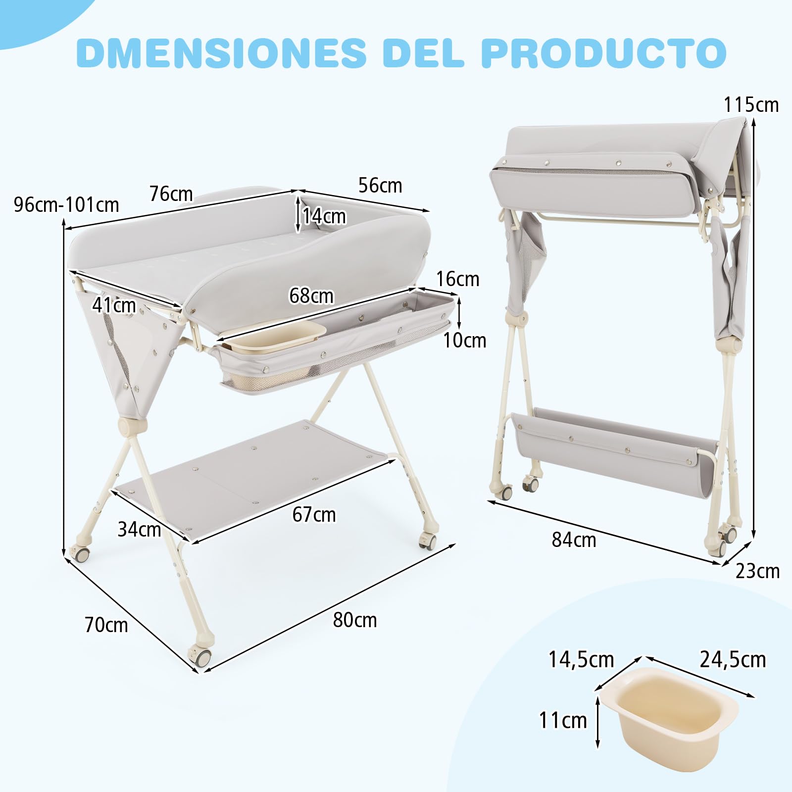 COSTWAY Cambiador de Pañales Plegable para Niños, Cubículo Cambio Pañales con Almacenaje, Ruedas Extraíbles y Bloqueables,Organizador Móvil para Bebé y Niño (Gris)