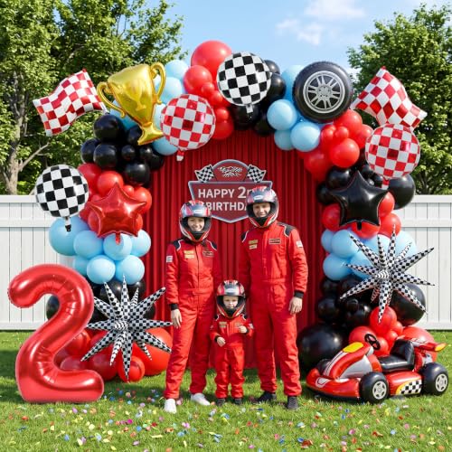 Image of TONIFUL Race Car Party Balloons Set - 40 Inch Red Number 2 Foil Balloon with Checkered Round, Explosion Star & Star Balloons for Boys 2nd Birthday Car Themed Decorations, Photo Backdrop Supplies