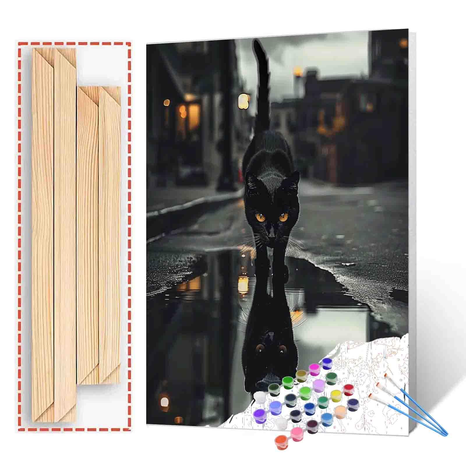 Paint by Numbers for Adult DIY Animal Reflection in Water Black Cat or Black Panther Canvas Oil Painting Kits Acrylic Watercolor Paint for Beginner Kids Home Wall Art Decor 16''W x 20''H(Manual Frame)