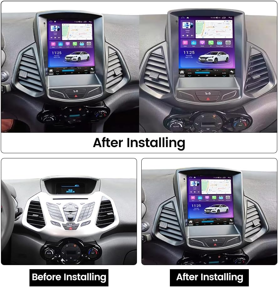 Before and after installation of the car stereo in a Ford EcoSport dashboard