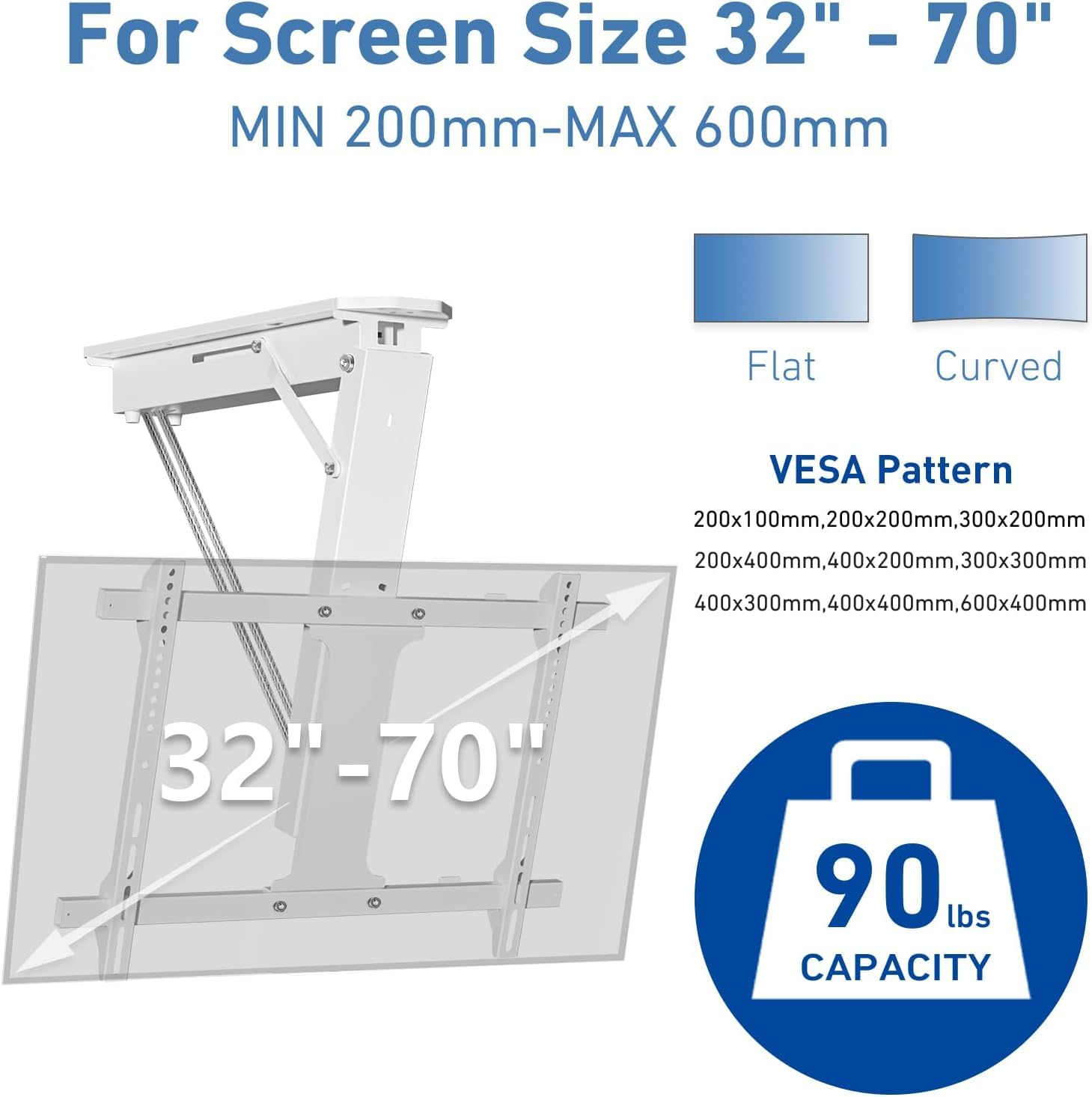 XINYAO Supporto TV elettrico da soffitto con telecomando, supporto motorizzato per TV a soffitto ribaltabile per schermi piatti e curvi da 32-70 pollici, compatibile VESA, resistente alle intemperie