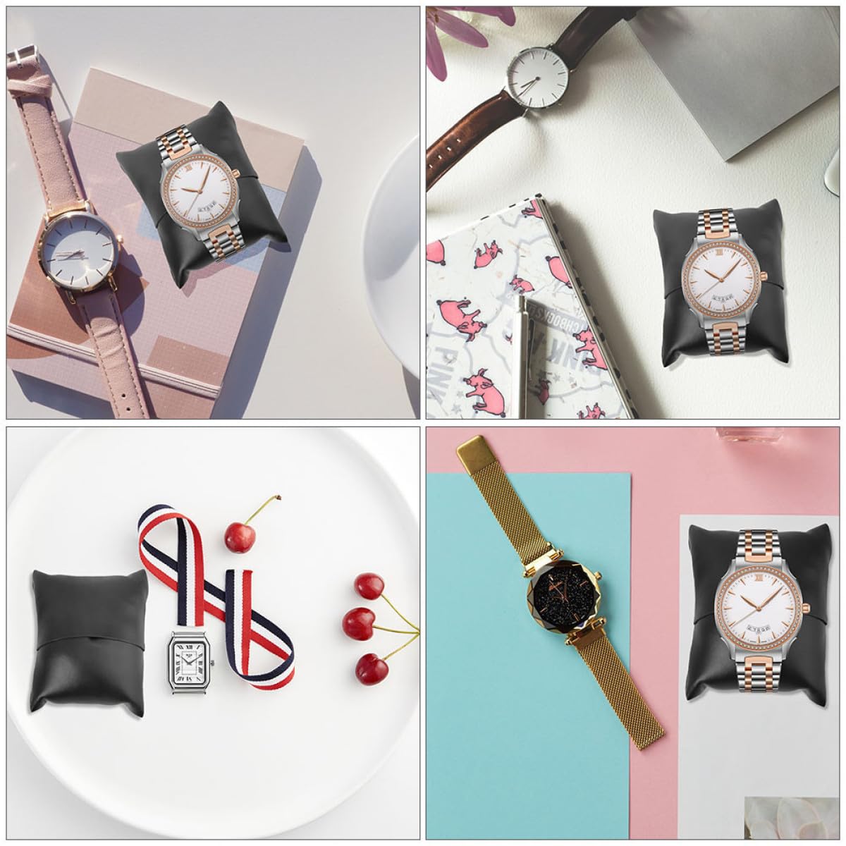KONTONTY Cuscini Espositori per Orologi in Pelle PU Neri Set da 15 Pezzi Cuscini Porta Bracciali e Braccialetti Rigidi per Vetrine e Scatole Porta Gioielli