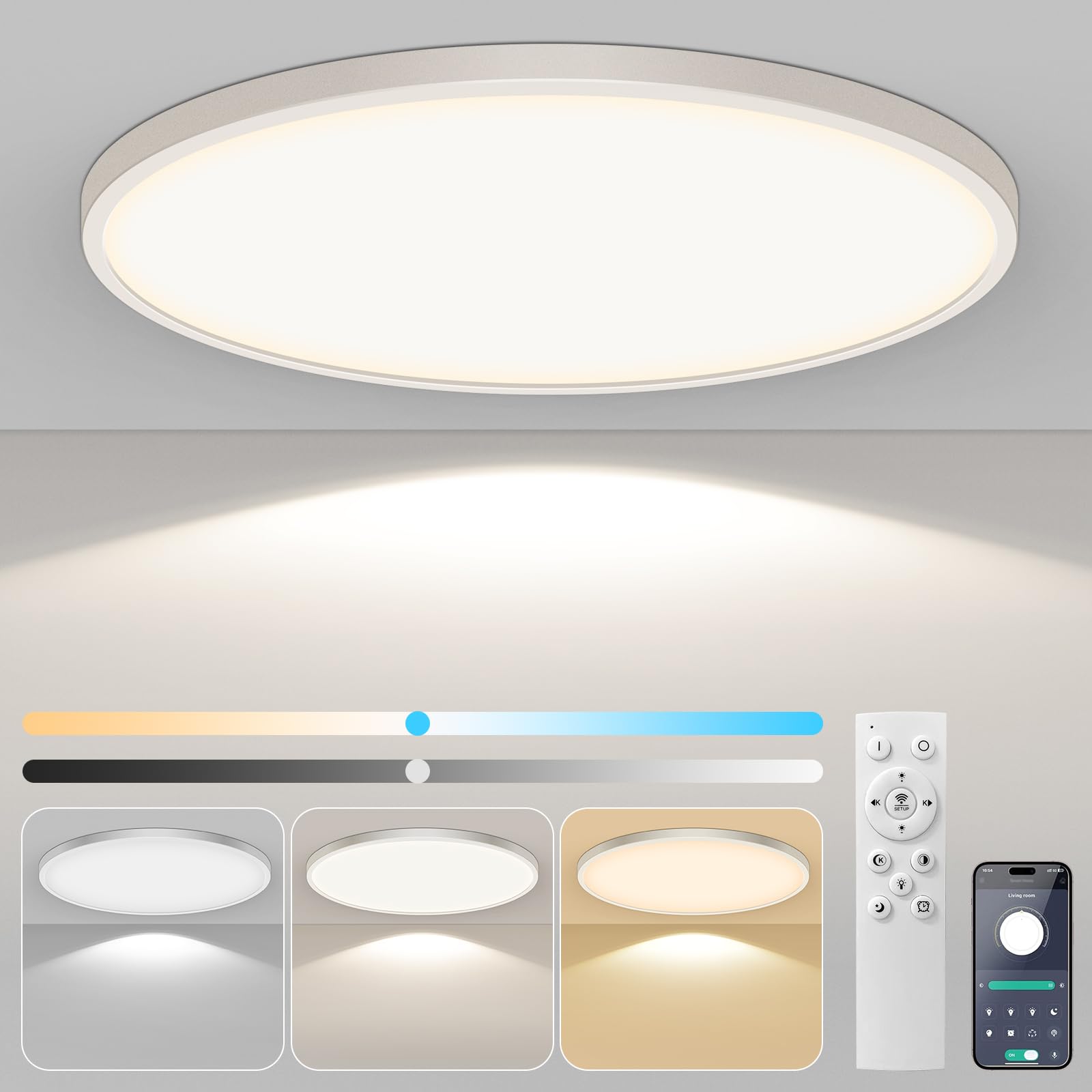 Ø50cm Deckenleuchte, 48W deckenlampe led mit Fernbedienung Dimmbar 3000K-6500K, 4800Lumen Modern Deckenlampe Wohnzimmer Ultra Dünn 2.1CM für Schlafzimmer Badezimmer küche