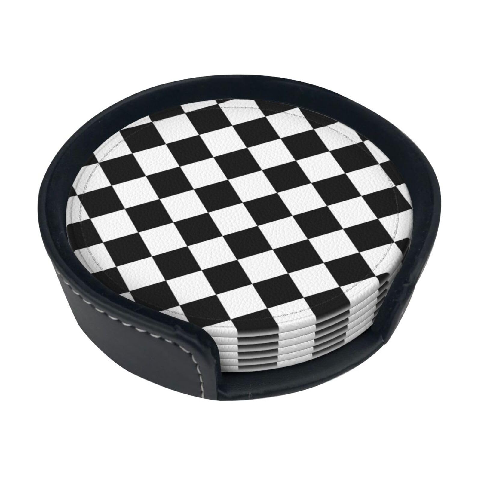 Black Checkered Leather Coasters Set of 6 with Holders for Drinks Cups, White Plaid 3.9" Round Coasters 6 Pcs for Coffee Bar Table Decor