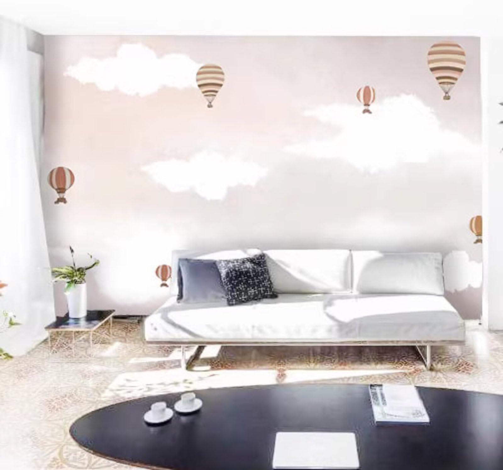 Minimalist Hand Drawn Hot Air Balloon Sky Clouds 3D Wallpaper Easy Install Feature Office Living Room Sofa Bedroom TV Background Wall Decoration-300cm×210cm