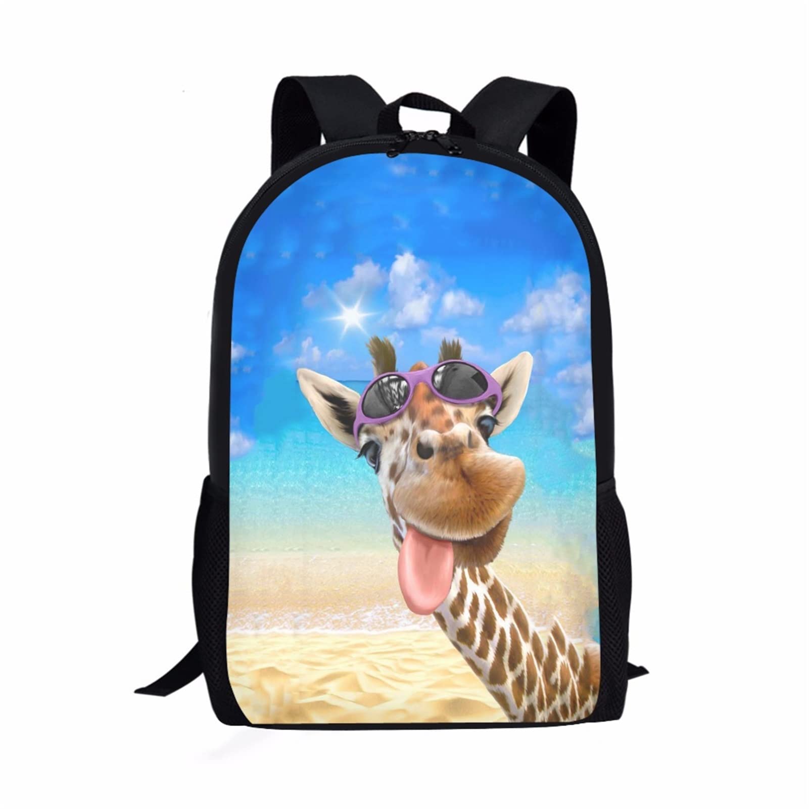 Dolyues Mochila para niños y niñas, informal, de gran capacidad, mochila escolar para adolescentes con bolsillos laterales para botellas, Jirafa con estampado de gafas de sol, talla única