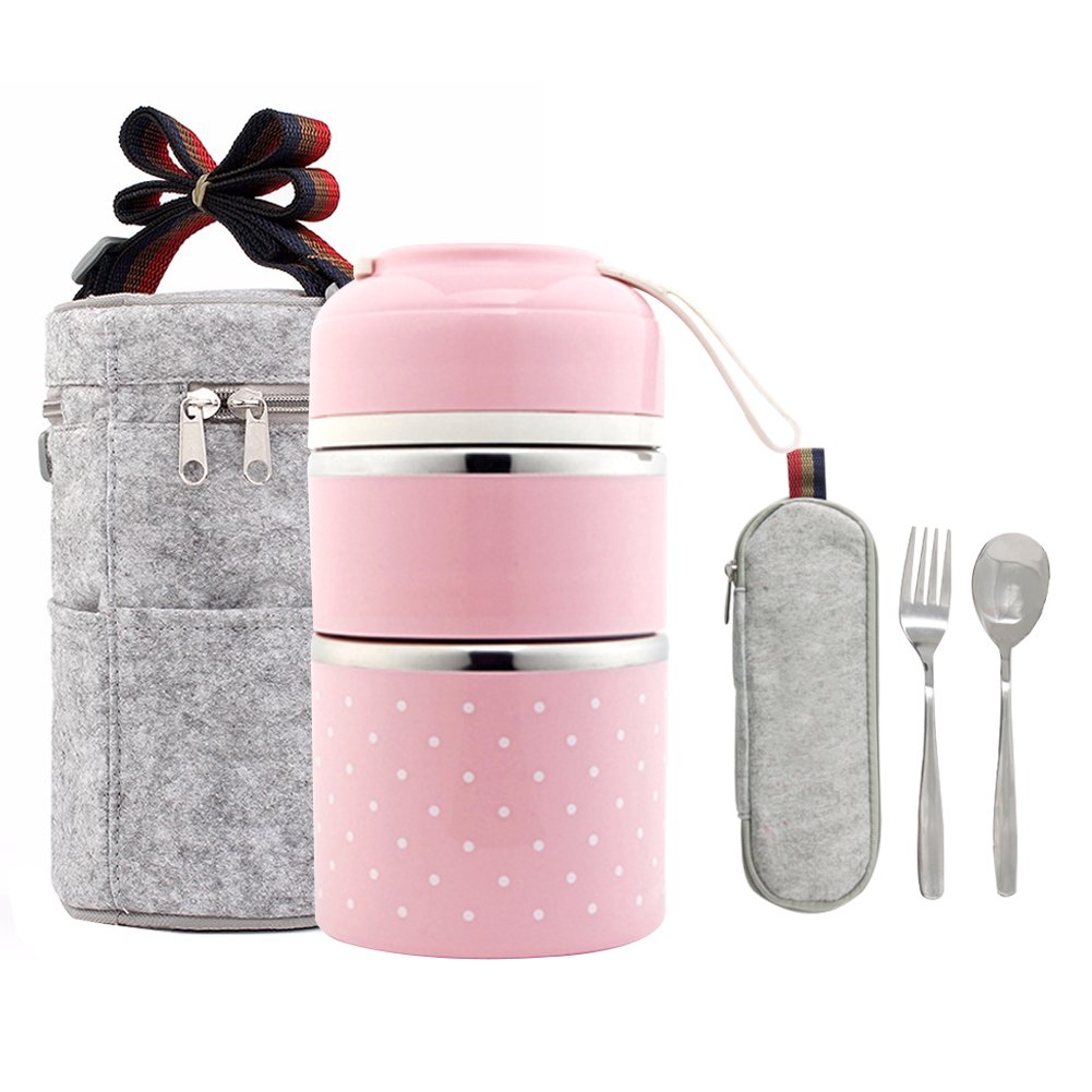 Lalifit Stainless Steel Stackable Thermal Lunch Box 2 Tier Vacuum Leak-Proof Food Container Insulated Storage Carrier with Spoon and Fork Set(Pink)