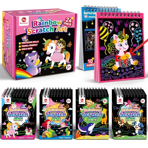 Mocoocy 24 Libros Scratch Art Favores de fiesta para Niños, Regalos Fiesta,Mágicos Cuadernos Rascar,Drawing Juego, juguetes de viaje,Rainbow Magic Scratch Papel Regalos Cumpleaños para Niños 3-12 años