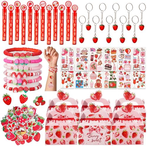 Vanblue 122 Pcs Strawberry Party Favors Set Gift Berry First Birthday Decorations for Girls Baby Shower Strawberry Theme Supplies Bubbles Bracelets Goodie Bags Stuffers