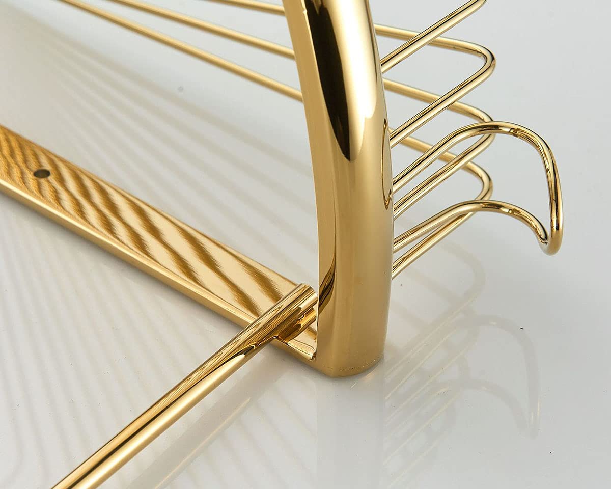 Rostfreie Duschablage aus Messing, 2 Ebenen, Wandmontage, Eckregale mit Hakenhalter, stilvolles Badezimmer für Badzubehör und Toilettenartikel