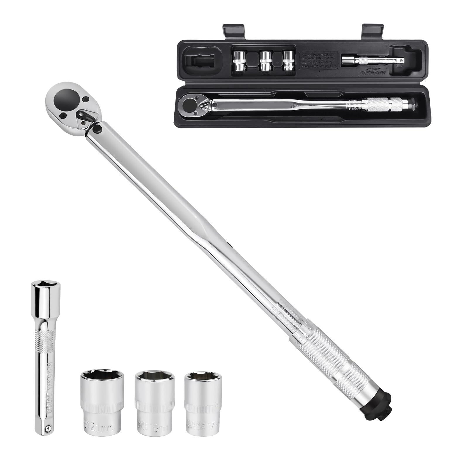 Torque Wrench Set, Ratchet Torque Wrench, 28-210Nm 1/2" Wheel Bolt Wheel Nut Wrench incl. Car Wheel Wrench Torque Wrench Set with 3 sockets 17mm-19mm-21mm and Extension for Car/Bicycle/Motorcycle/DIY