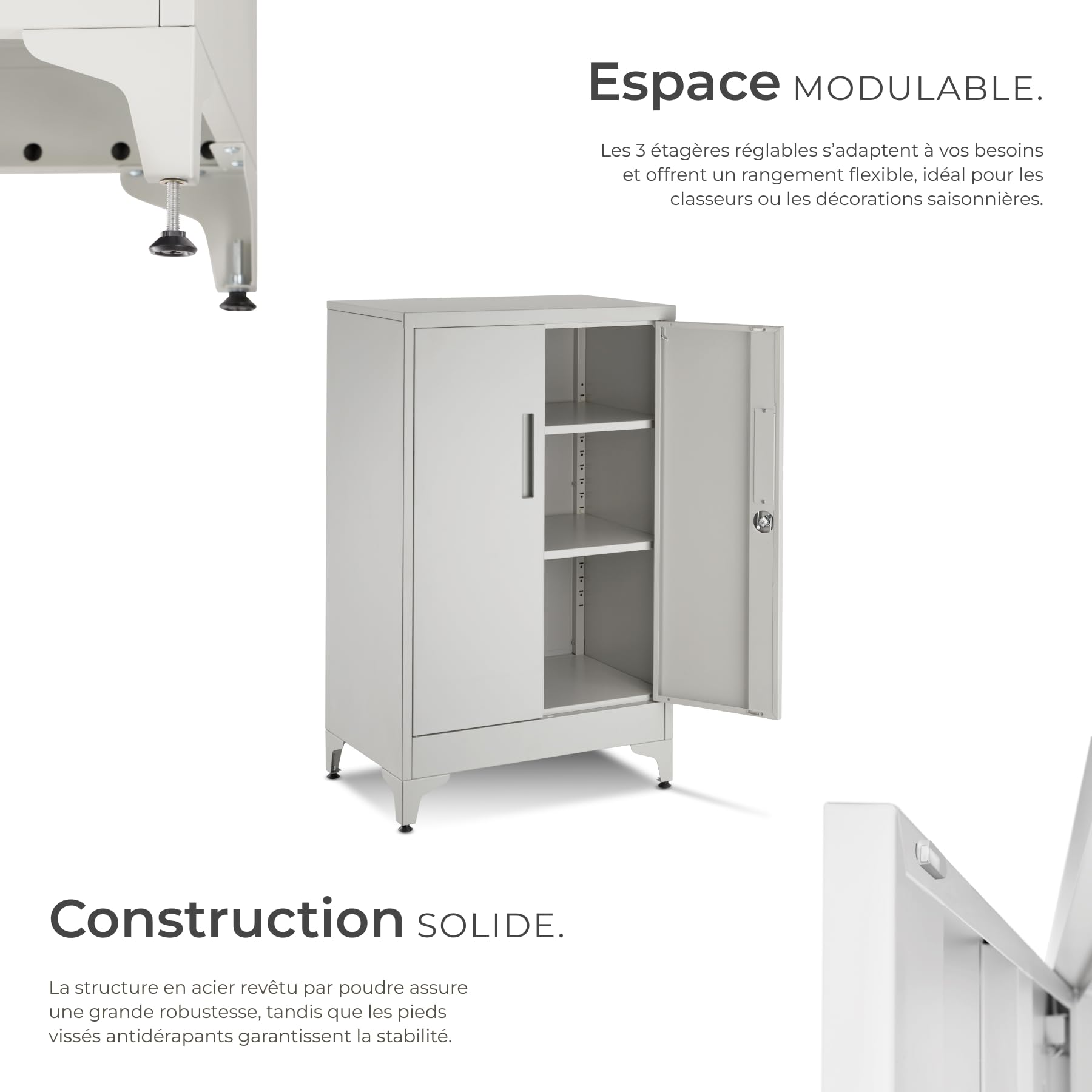 tectake® Armoire à dossiers 60 x 40 x 100 cm, Portes à Fermeture magnétique verrouillables, 2 étagères réglables, Armoire de Bureau en Acier thermolaqué, Meuble de Rangement Dossiers, Classeurs - Gris