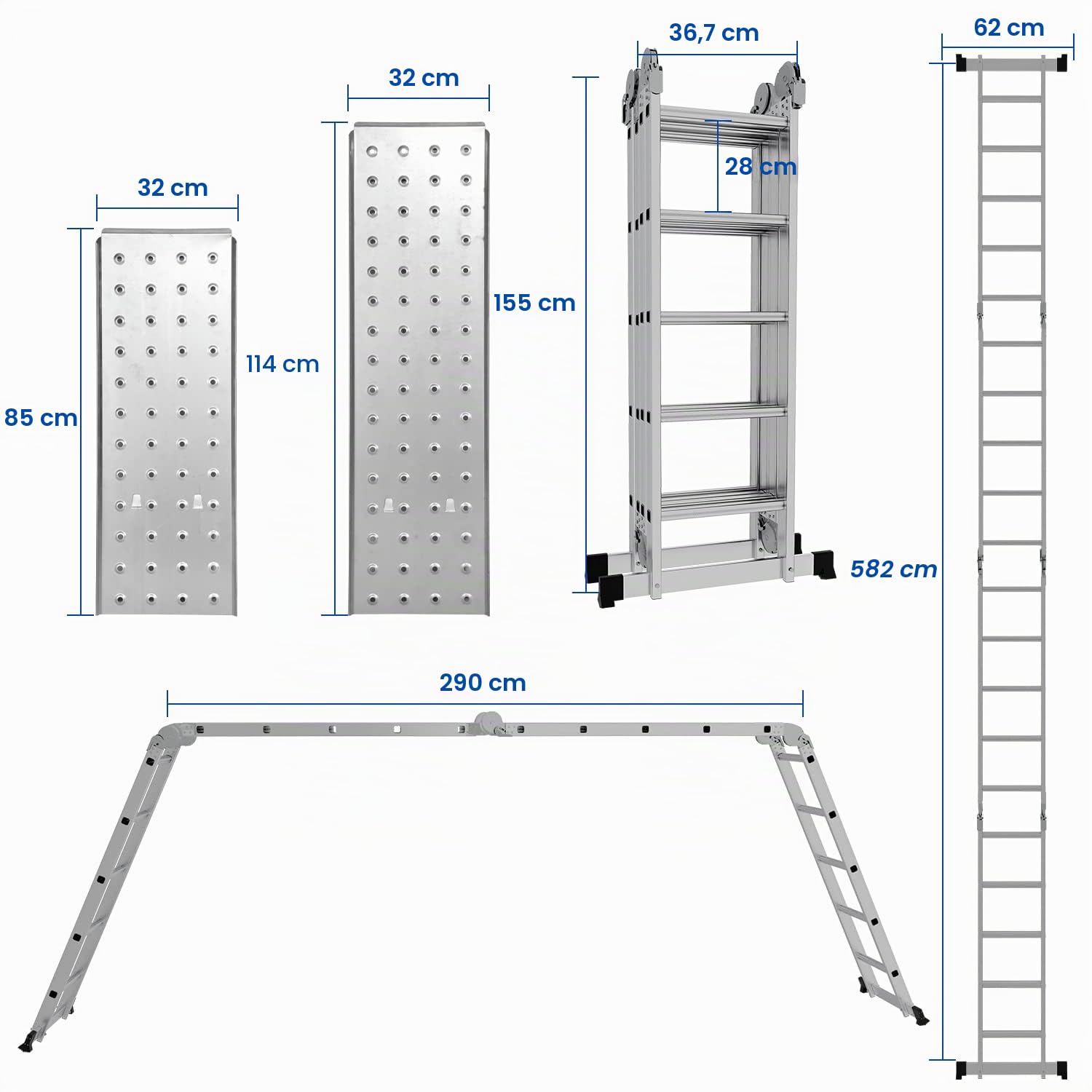 𝗬𝗮𝗸𝗶𝗺𝘇 Escalera multifunción de Aluminio, 4 x 5 m, 580 cm, 16 peldaños con 2 Placas de andamio y 2 Ruedas