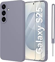 Qasyfanc Cover Protezione Fotocamera per Samsung Galaxy S25 5G con 2 Pezzi Vetro Temperato, Custodia Samsung Galaxy S25 Silicone Morbida, Antiurto, Sottile, Blu-Grigio