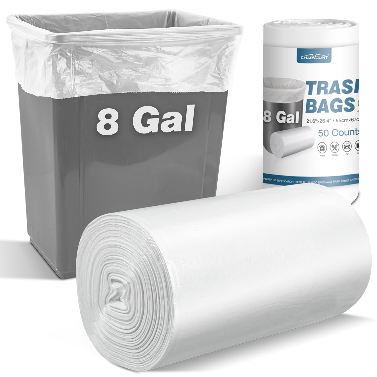 Charmount 8 Gallon Trash Bags, 50 Count Medium Garbage Bags Trash Can Liners for Bathroom Kitchen Office, Clear, Unscented