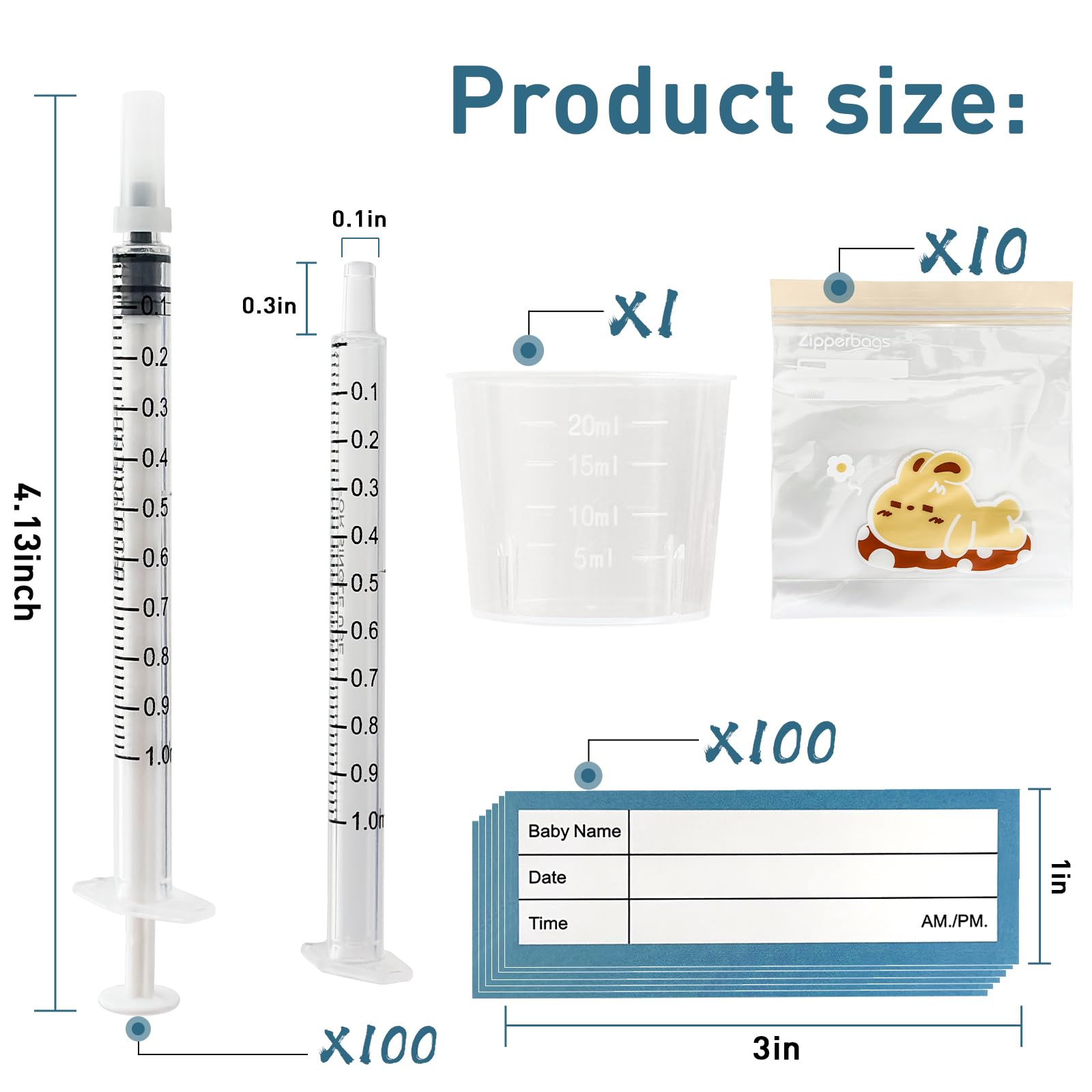 Jeringas de calostro de 1 ml, kit de colector de calostro que incluye calcomanías, 1 bolsa de almacenamiento para tazas medidoras, 100 juegos