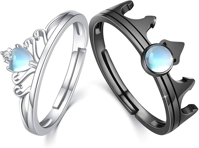 Couple Ring His and Hers Moonstone Ring Sets 925 Sterling Silver Adjustable King and Queen Crown Rings Matching Promise Rings for Couples Valentine's Day Christmas Gifts
