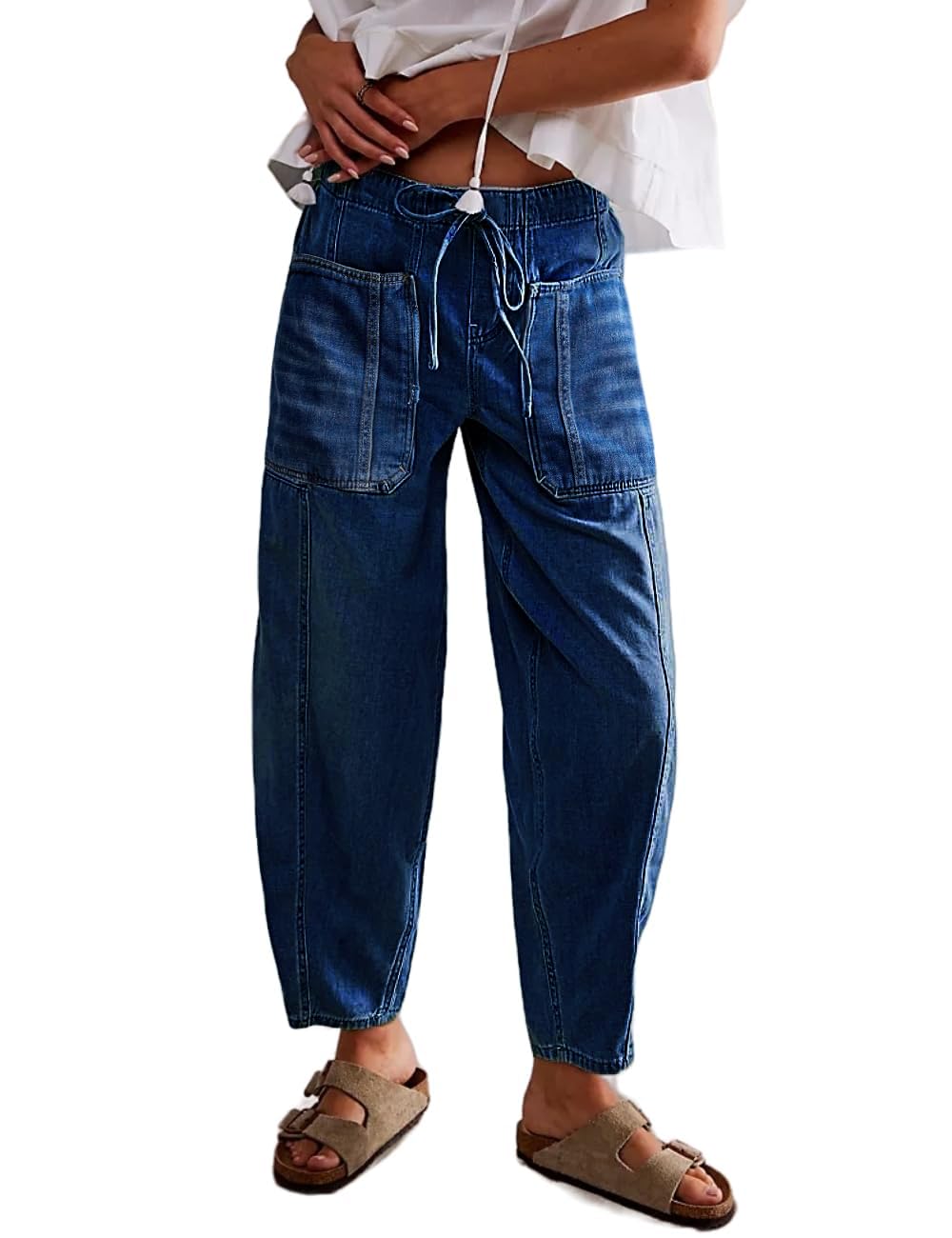 LifeSheWomen's Wide Leg Baggy Jeans Elastic Waist Barrel Jeans Trendy Loose Drawstring Ankle Denim Pants