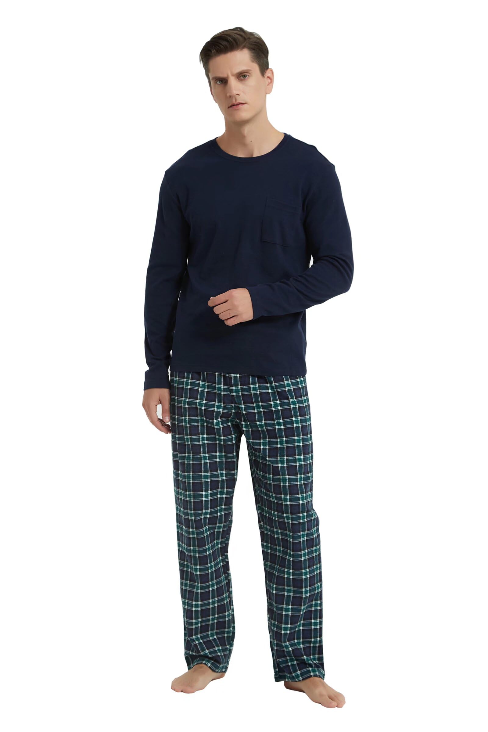 GLOBAL Pijamas Hombre Franela Cómodo Ropa Dormir Largo Suave Conjunto de Algodón Hombre Manga Larga Cuello Redondo y Pantalones Cuadros