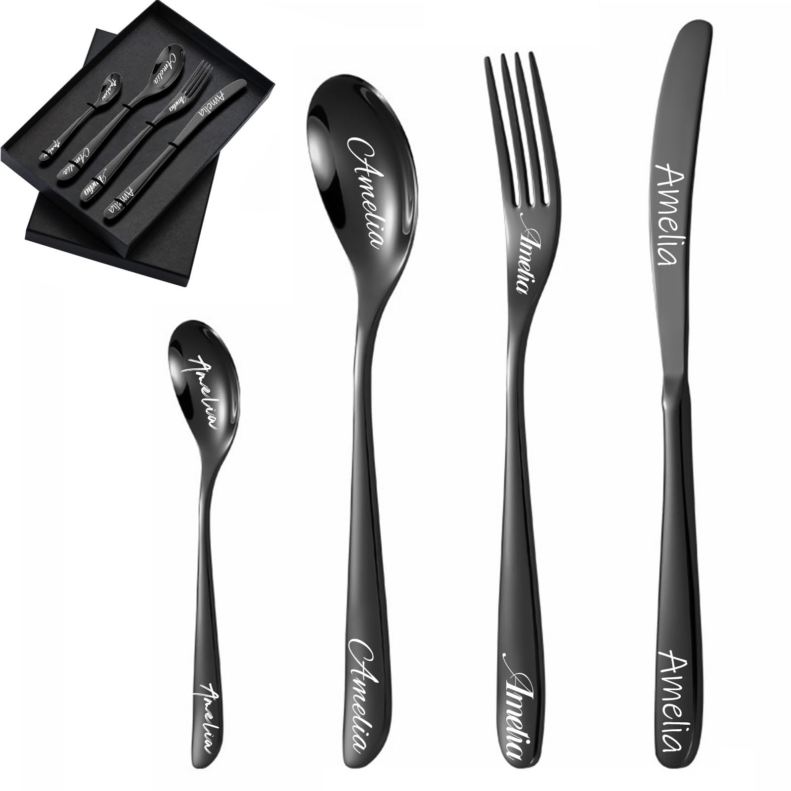 Custom Engraved Cutlery Set, 1 Set of 4 Pieces, Personalised Adult Cutlery Set, Fork, Knife, Spoon and Teaspoon Engraved Stainless Steel Flatware Set