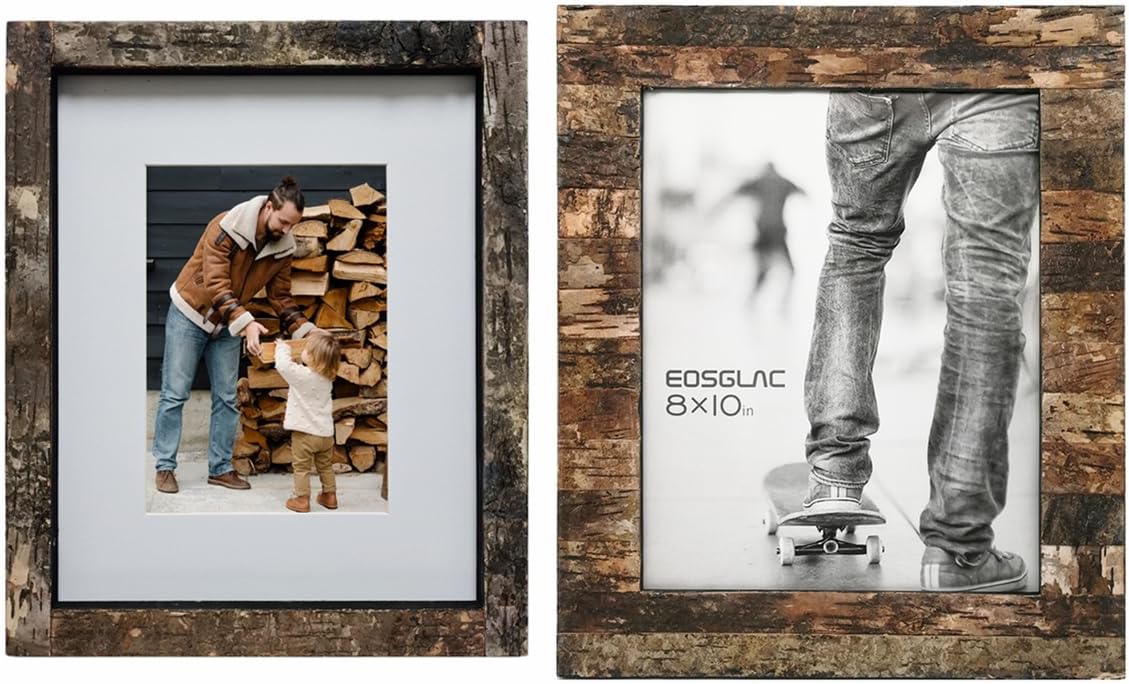 Eosglac 8x10 inch Natural Birch Bark Picture Frames 2 Pack 2 Styles Rustic Wood Photo Frame for Tabletop or Wall Hanging