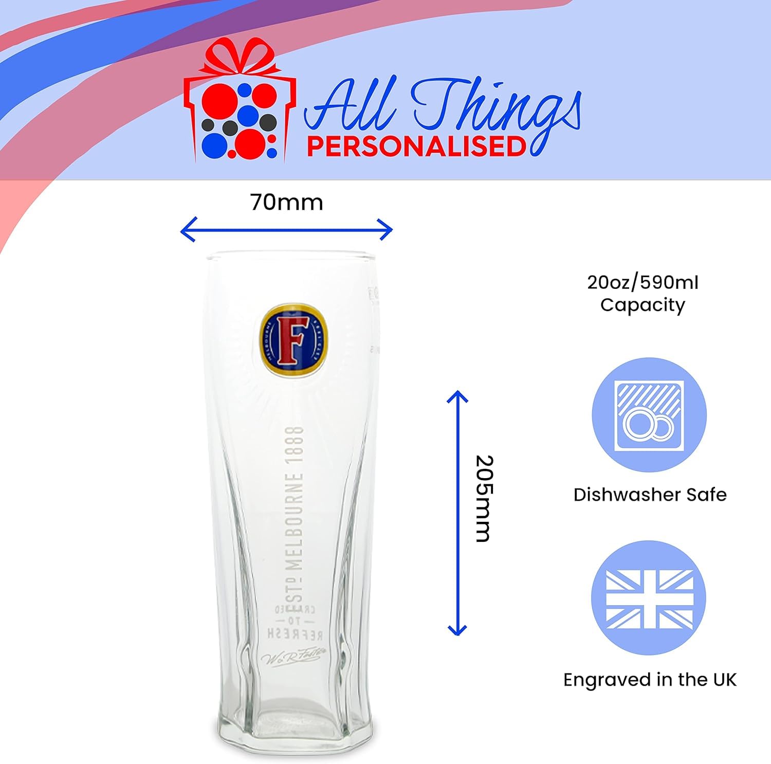All Things Personalised Vaso Sidra Estilo Fosters 590 ml - Vaso de Cerveza Personalizado - Con Grabado Láser Nombre o Mensaje - Regalos Cerveceros para Hombre - Apto Lavavajillas, con Caja de Regalo