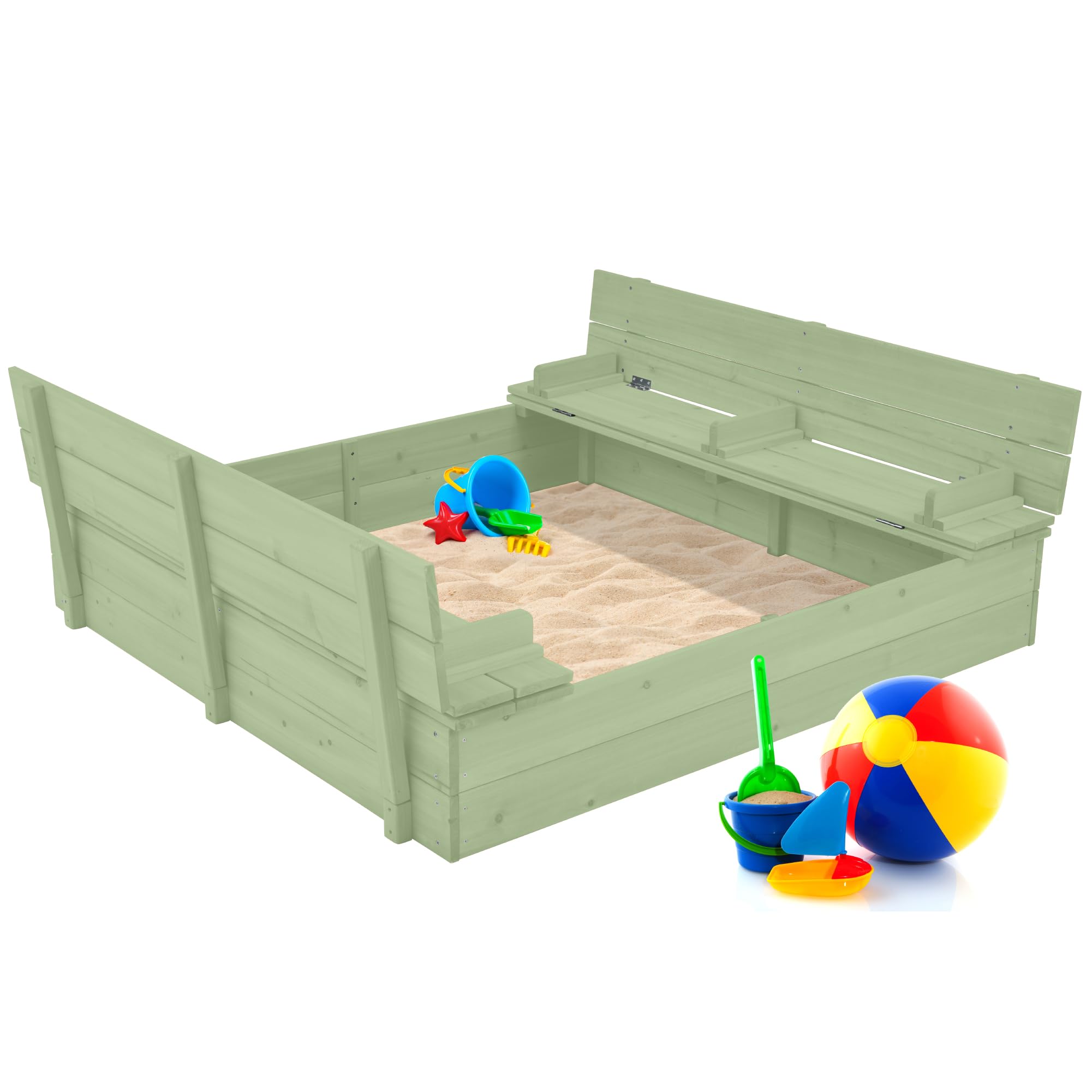 Best Choice Products Large Outdoor Wooden Sand Box for Kids, Sandbox with Cover, Bench Seats Support up to 220 lbs, Bottom Liner for Drainage, Cedar Wood - Sage