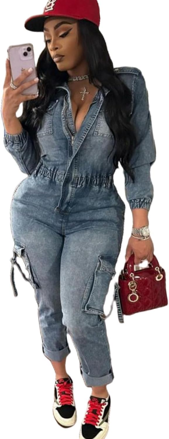 Mandonce New Years Outfit Women Denim Jumpsuit Distressed Jean Romper Stretchy Long Sleeve Cargo Jumpsuit Casual Streetwear