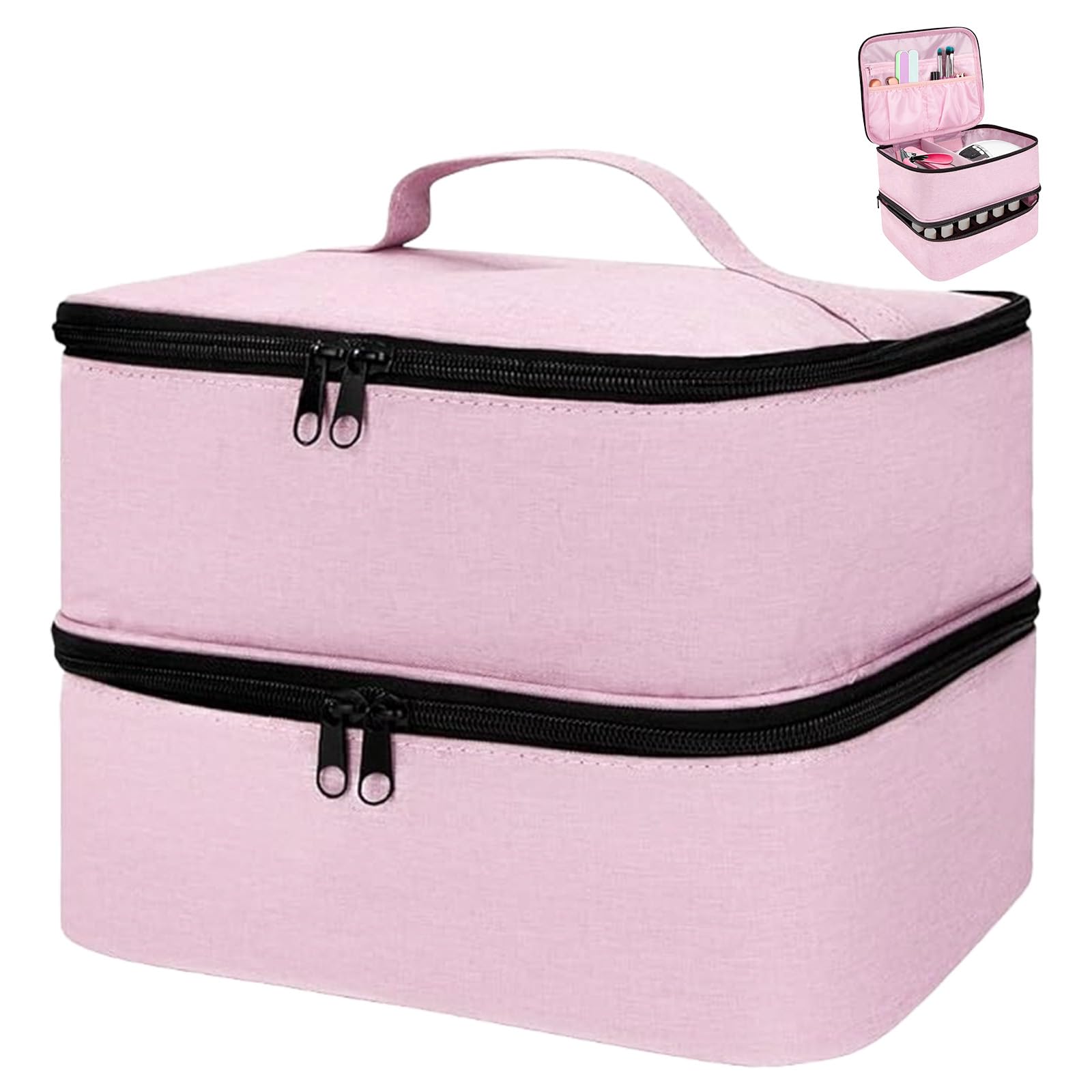 ADERTOS Borsa Porta Smalti a 2 Strati Organizzatore per Smalto Impermeabile Pochette Porta Smalti in Nylon per 30 Flaconi a 15 ml Valigetta Porta Smalti e Lampada Unghie UV, 25*20*19cm, Rosa Chiaro