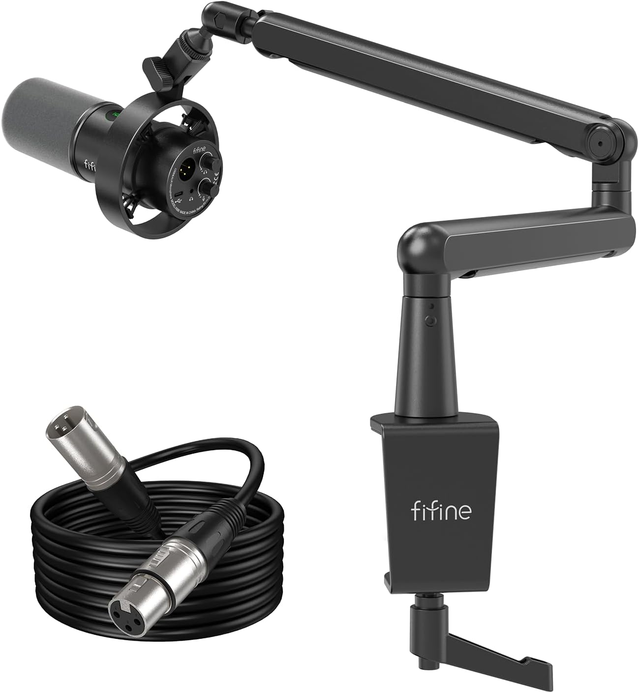 FIFINE Dynamic Microphone with XLR Cable and Low Profile Arm Stand Set, XLR/USB Recording PC Mic Mute Button & 9.8ft Balanced 3 PIN XLR Male to Female Cable and Metal Boom Arm-K688+BM88+L9