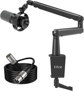 FIFINE Dynamic Microphone with XLR Cable and Low Profile Arm Stand Set, XLR/USB Recording PC Mic Mute Button & 9.8ft Balanced 3 PIN XLR Male to Female Cable and Metal Boom Arm-K688+BM88+L9